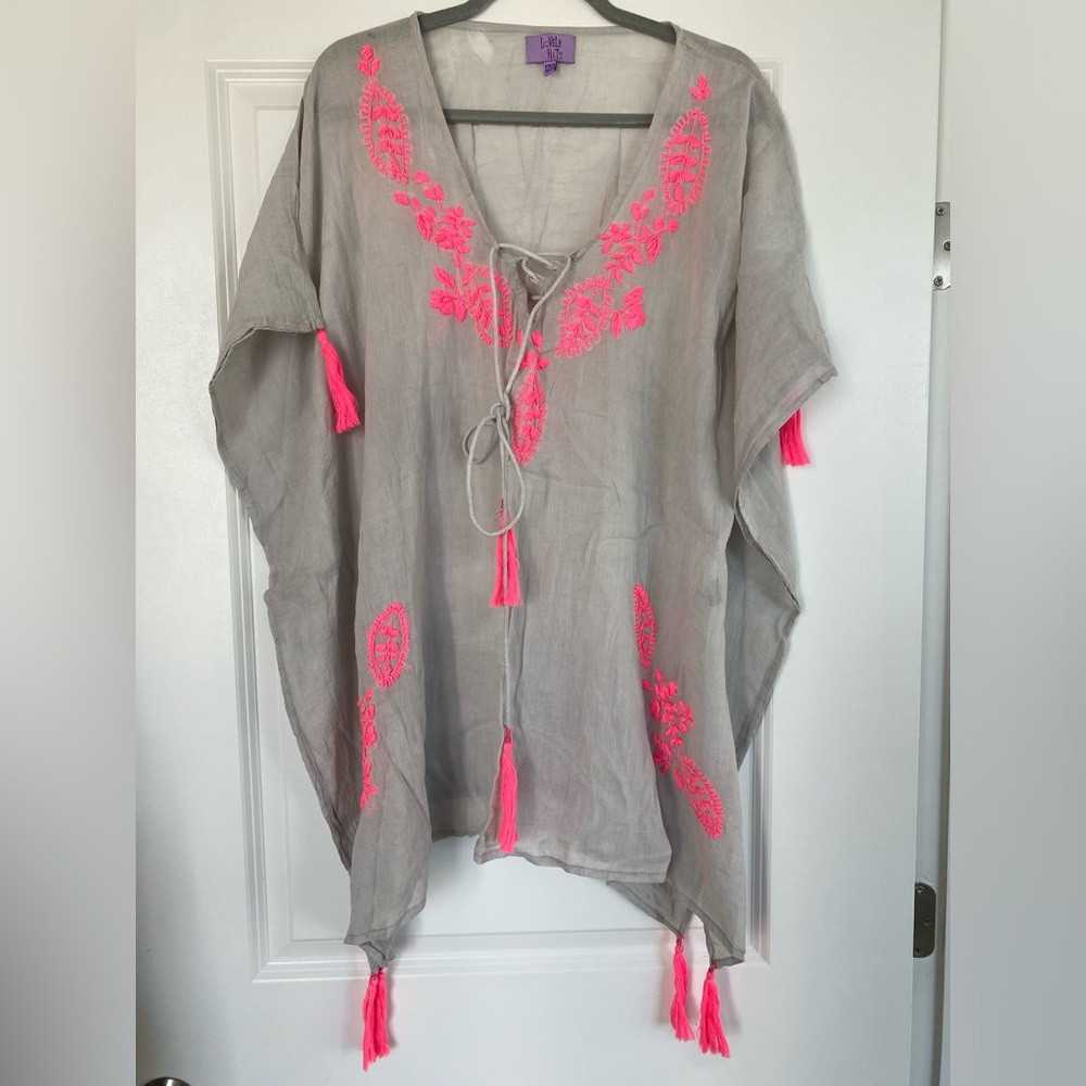 Light grey caftan with pink embroidery!